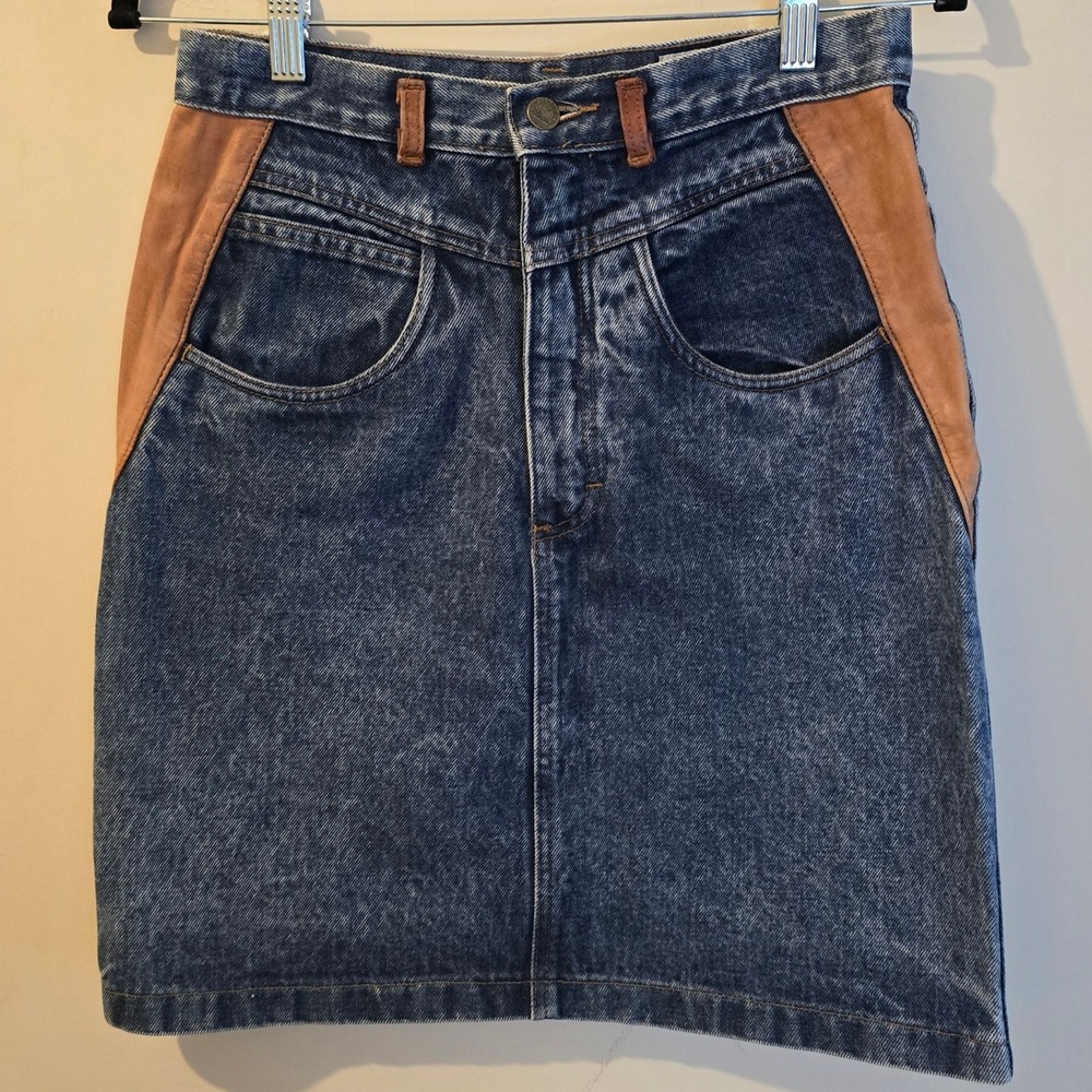 Weathered Blues Vintage Western Denim Leather Trim Mini Skirt Cowgirl Blue 9/10